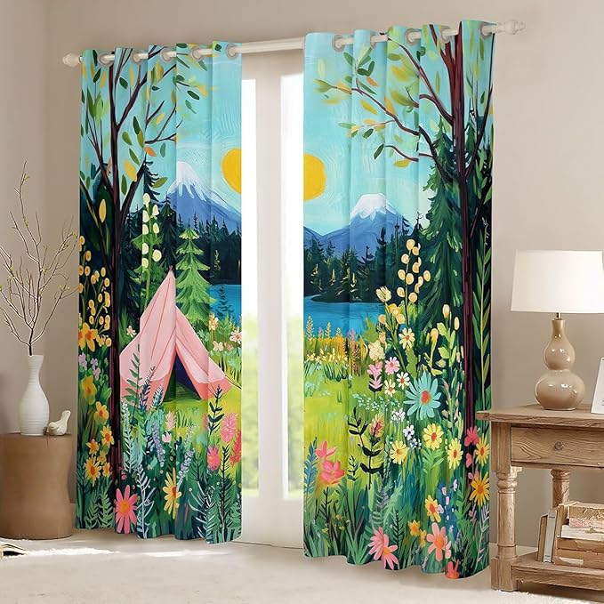 Manfei Camper Camping Kids Blackout Curtains,Tent RV Trailer Rustic Adventure Nursery Bedroom Playroom Decor,Daisy Flowers Leaf Mountain Lake Window Drapes,Pink 2 Panels,52Wx63L inch