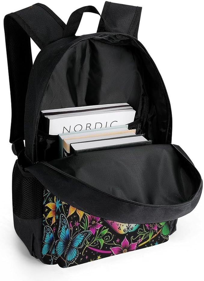 Men Women Polyester Psychedelic Skull Sbutterflies Art Backpack Large Capacity Bookbag With Smooth Zippers for Climbing Picnic Bicycle