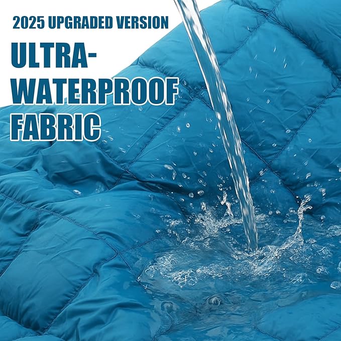 Hooded Down Camping Blanket Waterproof 650 Fill Puffy Poncho Blanket 77" x 50" Packable Wearable Sleeping Bag with Detachable Hat Outdoor Stadium Camping Cold Weather, 1.36 lb(Teal Blue)
