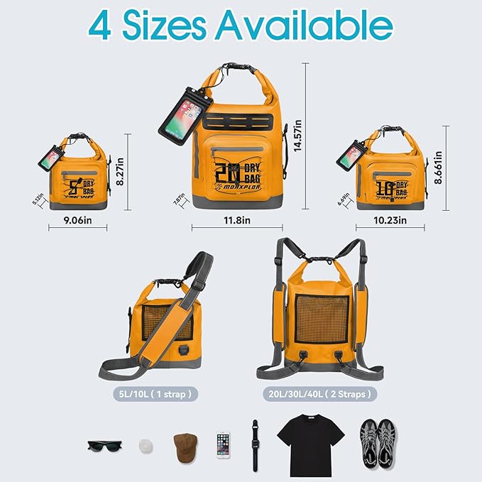 Dry Bag Waterproof,5L/10L/20L/30L Roll Top Dry Bag Backpack with WaterProof Phone Case for Swim,Kayak(Orange 10L)
