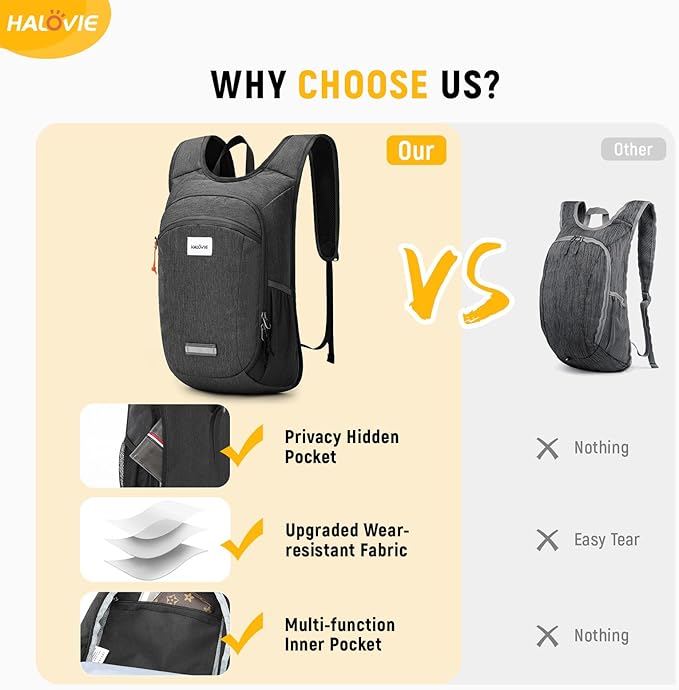 HALOVIE Small Hiking Backpack 10L Packable Lightweight Daypack Foldable Travel Back Pack for Women Men(Black)