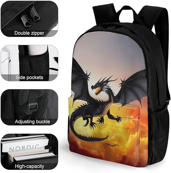 Polyester Daypack Backpack for Climbing Outdoors Running, Big Capacity Multipurpose Anti-Theft Bookbag, Fire Cool Dragon Travel Hiking Camping Rucksack