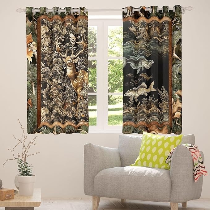 Manfei Camo Deer Wildlife Kids Blackout Curtains,Fishing Rustic Adventure Flowers Leaf Nursery Bedroom Playroom Decor,Camo Dead Branch Animal Farmhouse Window Drapes,Army Green 2 Panels,52Wx63L inch