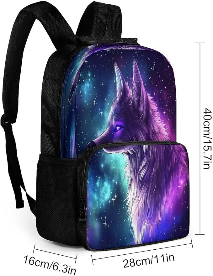 Rucksack Polyester Anti-Theft Multipurpose Purple Universe Space Galaxy Magic Wolf Art Carry On Bag Large Capacity Travel and Sport Backpack Rucksack With Smooth Zippers