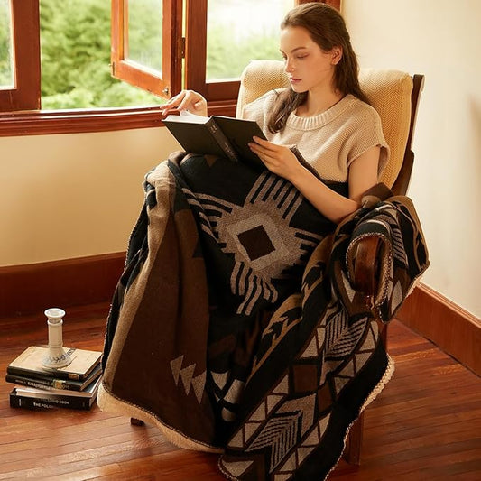 Aztec Patterned Throw Blanket with Soft Sherpa Lining, Traditional Southwestern Navajo with Cross Pattern Warm Throw for Camping, Outdoor, Light Weight Cozy Boho Blanket for Couch, Bed, 60”x80”, Brown