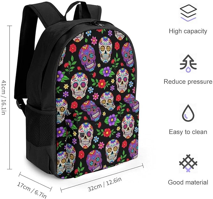Men Women Polyester Purple Mexican Sugar Skulls Day Of The Dead Floral Flowers Art Daypack Backpack Large Capacity Carry On Bag With Smooth Zippers for Hiking Picnic Walking Cycling