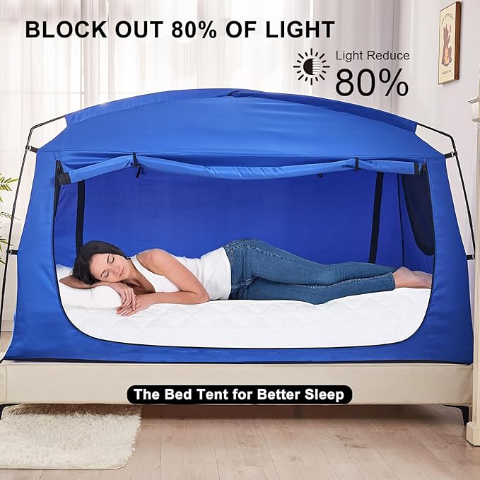 Privacy Sleep Indoor Bed Tent for Adults Kids, Portable Blackout 90% Canopy Tents with 3 Doors Breathable Mesh Windows