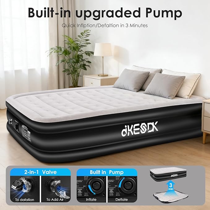 Air Mattress Queen with Built in Pump,Comfortable Waterproof Flocked Surface Inflatable Mattress for Temporary Family Stays and Travel,14-Inch Blow Up Mattress Inflates in 3 Minutes