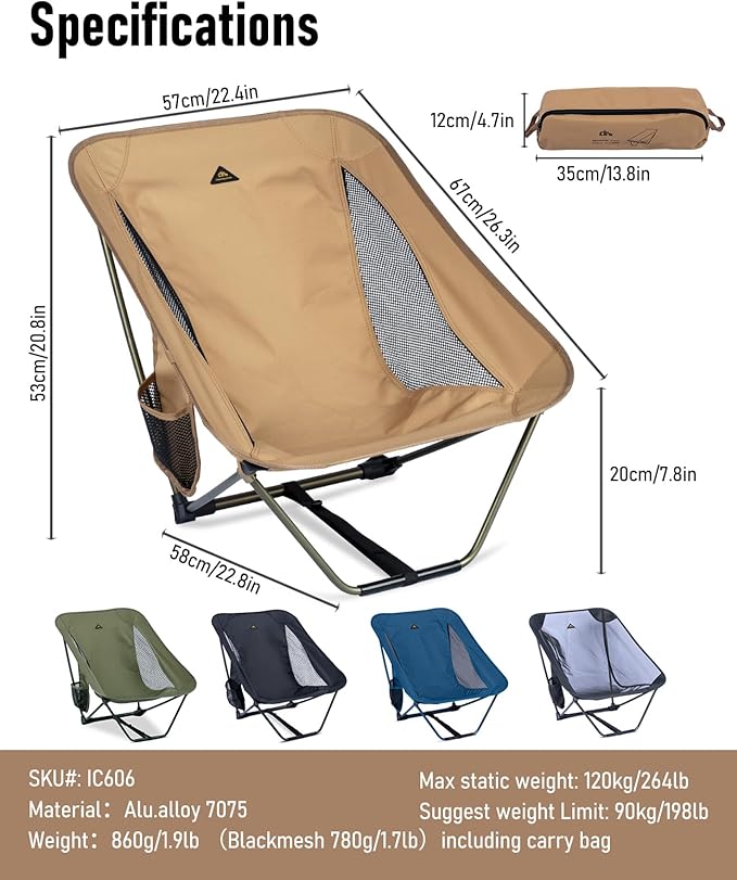 iClimb Low Ultralight Compact Camping Folding Chair with Side Pocket and Carry Bag (Khaki)
