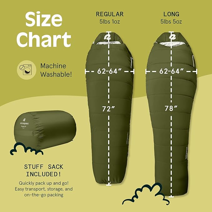 Retrospec Dream Mummy Sleeping Bag - 30°F Camping & Travel Essential Gear with Water - Resistant Shell & Synthetic Fill - Zippered Pocket & Stuff Sack