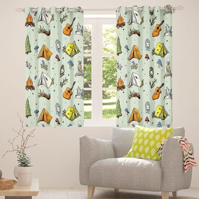Feelyou Green Camping Camper Curtains for Bedroom Living Room Campfire Music Guitar Blackout Shades Happy Camping Room Darkening Curtain Window Treatments, 2 Panels 42 x 84 Inch Decor