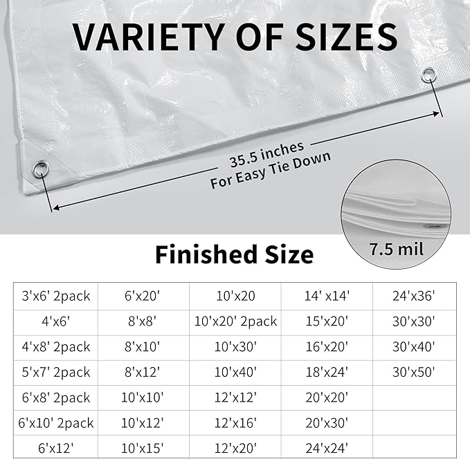 TARPAL 8'x10' White Tarp Waterproof 7.5 mil Medium Duty All Purpose Poly Tarps Cover Waterproof,Snow Proof UV Protection,Rip and Tear Proof,Poly Tarpaulin