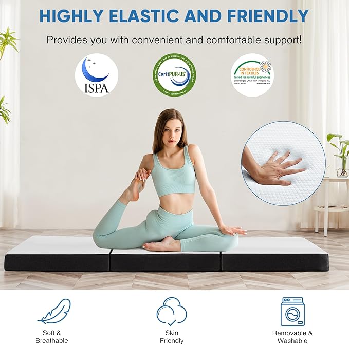Folding Memory Foam Mattress, 4" Tri-Fold Twin Mattress Topper with Washable Cover, Portable Guest Floor Bed Non-Slip for Travel Camping