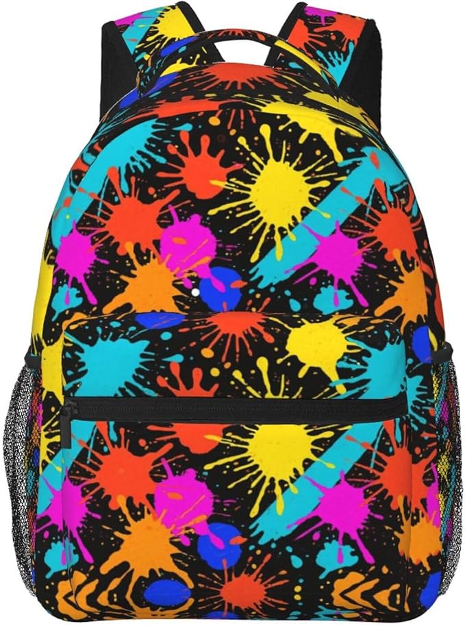Men Women Lightweight Colorful Splatter Color Art Daypack Bookbag Big Capacity Carry On Bag With Side Pockets for Camping Travel Bicycle