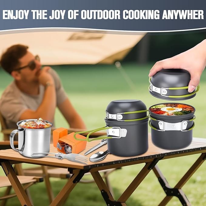Camping Cookware Set, 16pcs Lightweight Backpacking Mess Kit with Camping Pots and Pans, 2 Cups, Fork Spoon, Survival Cooking Kit for Outdoor Hiking and Picnic