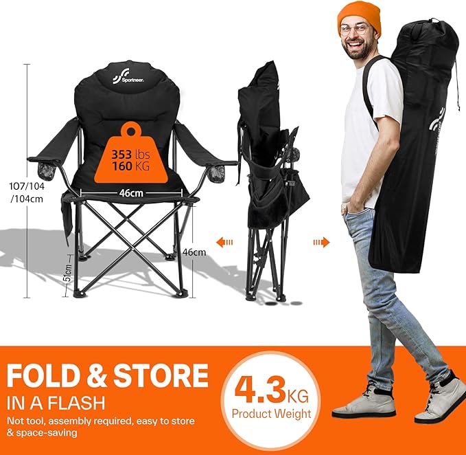 Sportneer Folding Camping Chair: 3 Adjustable Angle Camping Chair with Backrest Headrest & Carry Bag - Portable Folding Chair for Camping Outdoor, 2 Pack