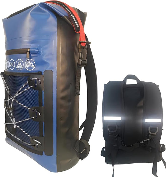 Ergonomic Skiing Dry Backpack 25L-30L Expandable | IP68 Waterproof Dry Bag for Kayaking, Hiking, Camping & Snow Sports | Daypack with Roll-Top Seal & External Pockets (Blue+Black)
