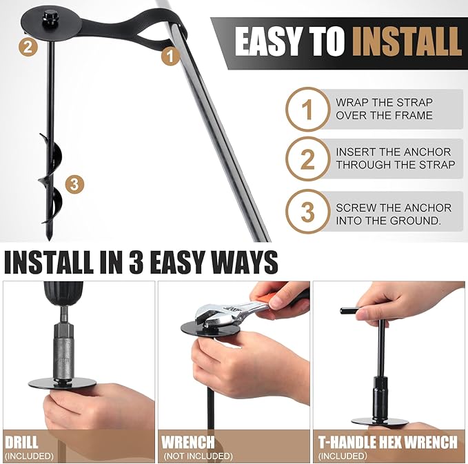 LEIFIDE 6 Set 12'' Trampoline Anchors Trampoline Stakes Ground Anchors Kit Hind Wind Beach Sand Stakes for Hiking Camping with Belt Straps (Black)