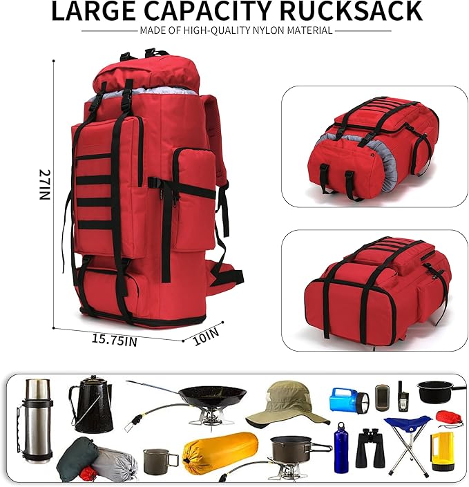 100L Hiking Camping Backpack MOLLE Rucksack Waterproof Daypack (Red)