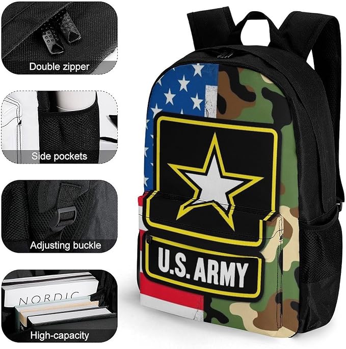 Supdreamc Rucksacks Lightweight Multipurpose Anti-Theft American Flag Army Green Camo Usa Retro Camouflage Shoulder Bag Big Capacity Traveling Camping Backpack With Side Pockets