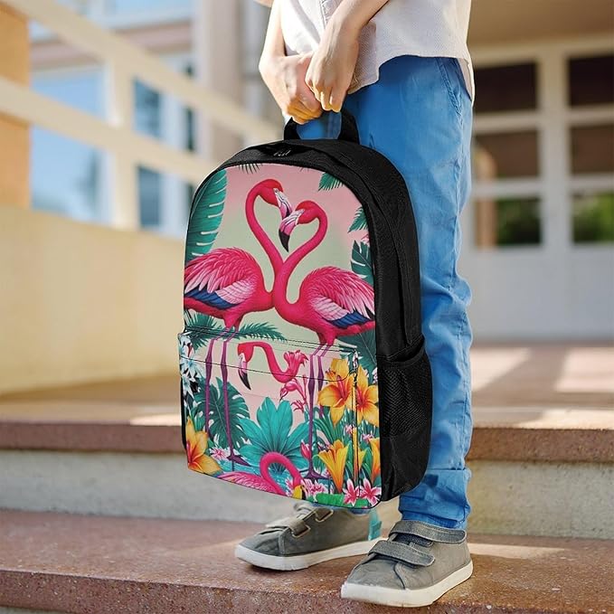 Supdreamc Daypack Backpack Polyester Anti-Theft Multipurpose Flamingos Flower Palm Pink Summer Holiday Bookbag Big Capacity Travel Hiking Camping Rucksack With Smooth Zippers