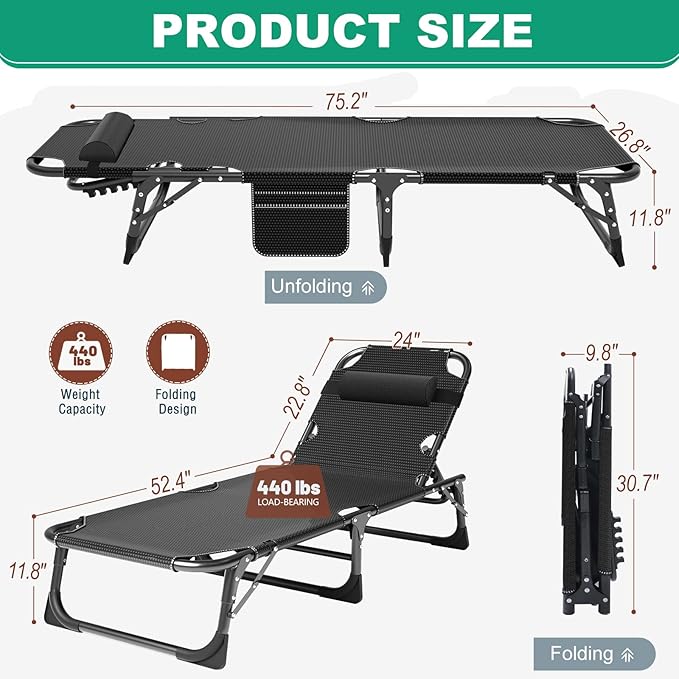 LILYPELLE Lounge Chair with Mattress, Heavy Duty Outside Lounge Chair Outdoor Portable Folding Lounge Chairs Sleeping Cots Bed for Camping, Pool, Beach, Patio