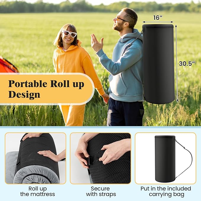 Goplus Memory Foam Camping Mattress, Portable Roll up Sleeping Pad w/Anti-Slip Bottom, Travel Bag, Single/Twin Waterproof Floor Mat, Guest Bed