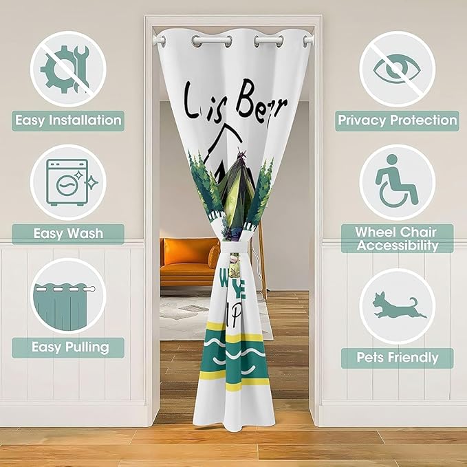 Happy Camping Adventure Kids Door Curtain,Tent Pine Tree Nature Rustic Blackout Curtain,RV Trailer Camper Outdoor Bedroom Doorway Living Room Decor,Green White Privacy Door Drape 1 Panel,60" W X 80" L