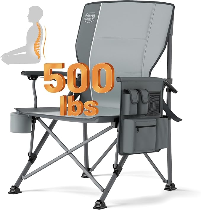 Timber Ridge Oversized Folding Camping Chair with Lumbar Support Adjustable High Back Heavy Duty for Adults Support up to 500lbs with Cup Holder, Cooler Bag, Side Pocket, Grey