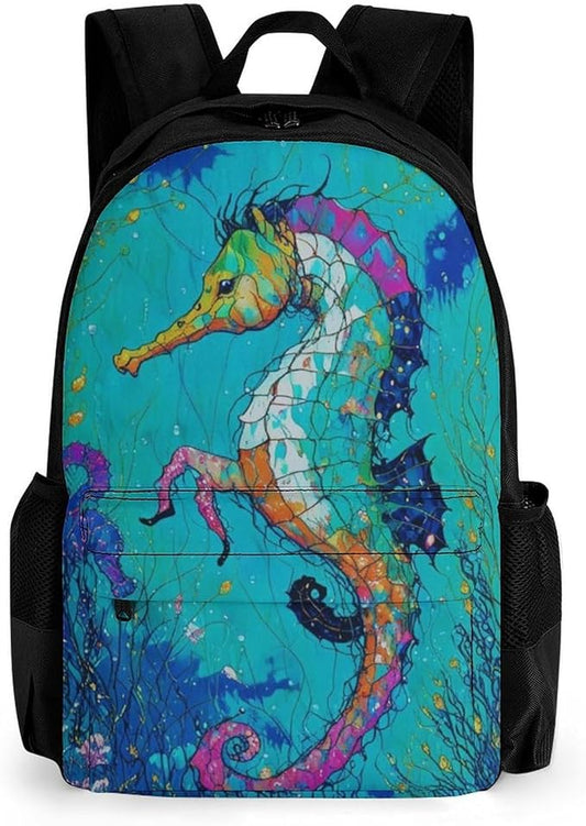 Supdreamc Rucksack Anti-Theft Multipurpose Big Capacity Carry On Bag, Seahorse Art Traveling Camping Backpack With Side Pockets