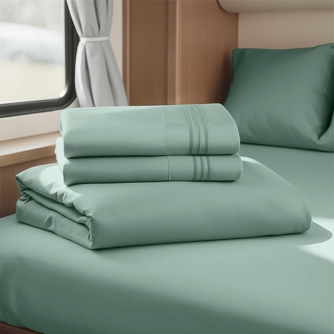 Hearth & Harbor Short Queen Sheets for RV, Light Sage RV Queen Sheets, Silky Soft 1800 Microfiber Bed Sheet for Camper, 4 Piece RV Bedding with Pillowcases