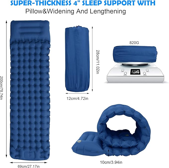 TOPCHANCES Self Inflatable Sleeping Mat,Large Ultralight Camping Mat with Pillow,Double Camping Mattress Sleeping Pad with Built-in Foot Pump for Backpacking Hiking Traveling（78.7"x 27.2"）