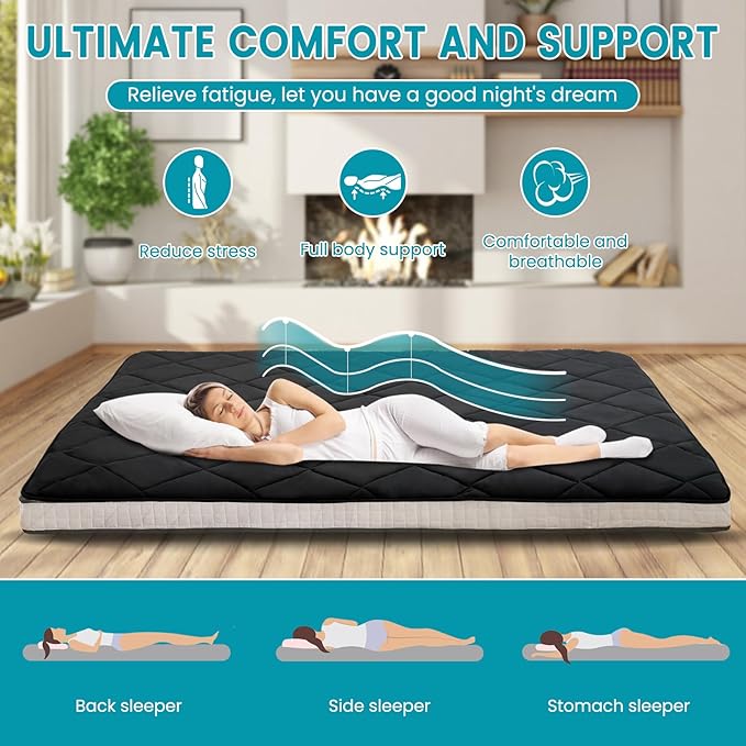SUNYRISY Japanese Floor Futon Mattress, Thicken Roll up Sleeping Tatami Mat Floor Bed, Foldable & Portable Camping Mattress with Storage Bag, Twin Full Queen