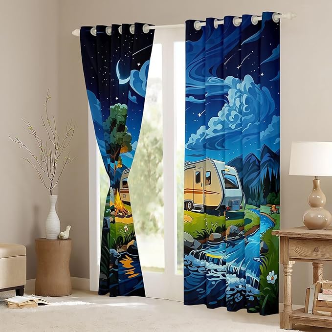 Manfei Happy Camping Blackout Curtains Camper Trailer Bonfire Tent Window Drapes,Adventure Theme Window Treatments,Kids Boys Girls Room Decor,Grommet Top 2 Panel Set Bedroom Curtains, 52Wx96L inch