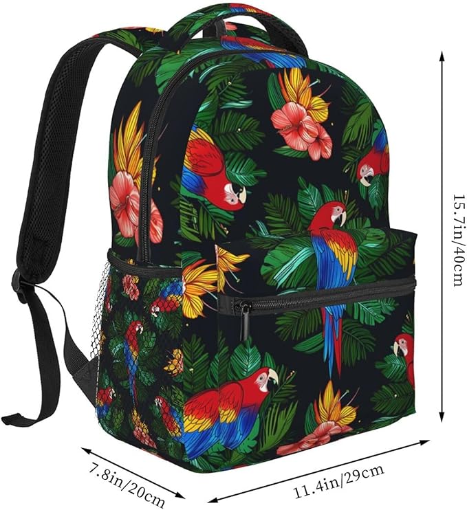 Men Women Polyester Macaw And Hibiscus Art Daypack Big Capacity Shoulder Bag With Adjustable Shoulder Straps for Camping Travel Walking Cycling