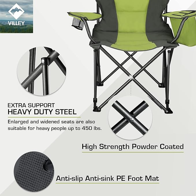 VILLEY Camping Chair, Oversized Folding Camp Chair, Portable Outdoor Chairs Support 450 LBS with Padded Seats, Cooler Bag, Cup Holder, Carry Bag, Green