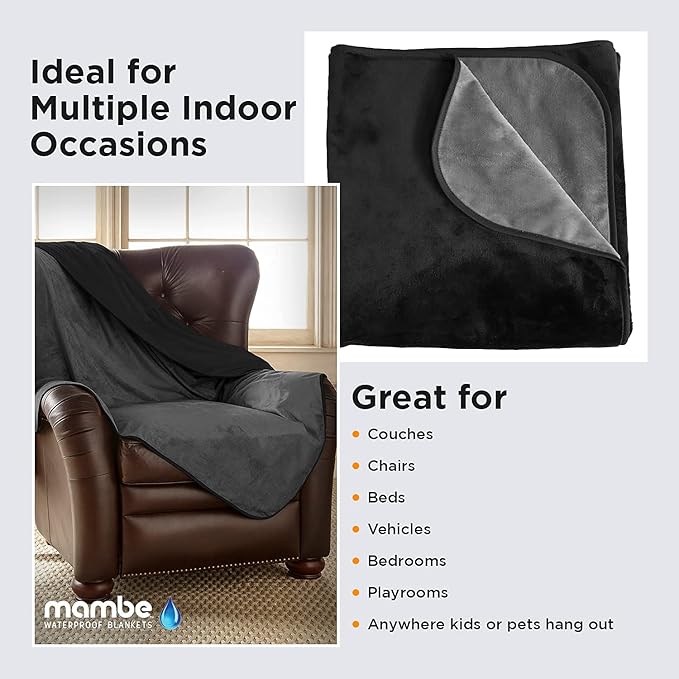 Mambe Silky Waterproof Throw for Protecting Furniture Bed Couch from Stains Caused by Dogs, Cats, Incontinence. Soft, Washable, Reversible. (Size Long/Sofa 70x120 inches, Color Black/Charcoal)