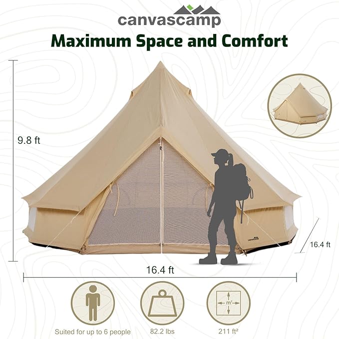 Sibley 500 ProTech Canvas Bell Tent, 4-Season Glamping Yurt for 8 People, Reinforced Material, Mesh Walls, 360 g/m² Cotton Canvas, Double Entrance