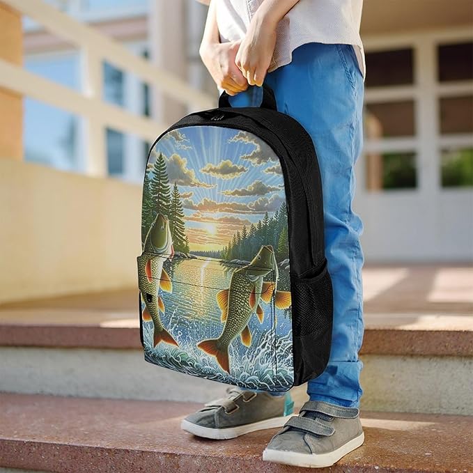 Supdreamc Rucksack Polyester Anti-Theft Multipurpose Two Fish Jumping Out Of Water Art Bookbag Big Capacity Travel and Sport Backpack Rucksack With Side Pockets