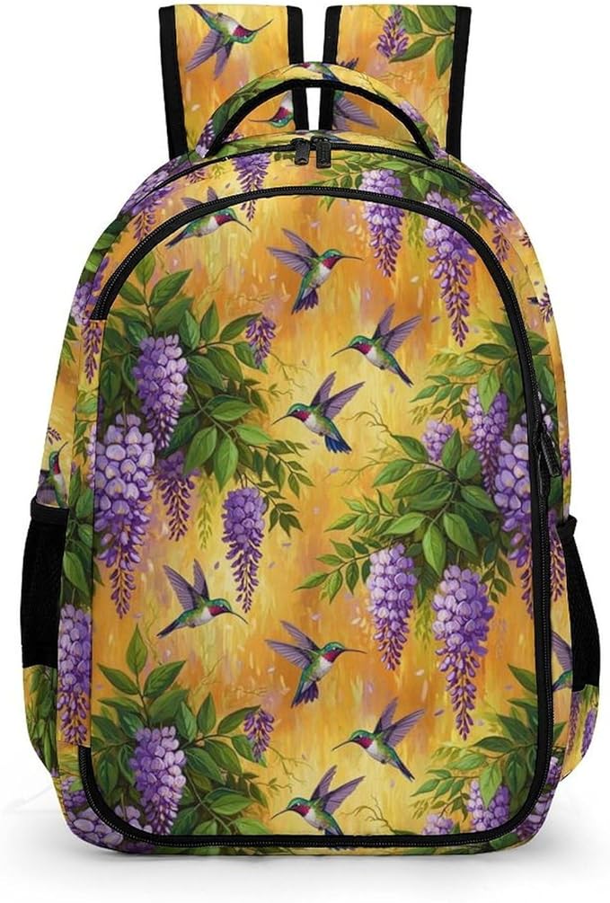 Personalized Business Backpack Purple Flowers And Hummingbird, Large Capacity Laptop Backpack with Organized Compartments for Work