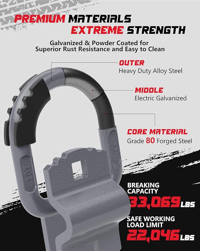 D-Ring Tie Down Anchors with Rubber Isolators, 4 Pack Heavy Duty 10 Ton Capacity Carbon Steel, Bolt-On with Mounting Hardware, Zinc & Powder Coated for Trailer, Truck, Pickup, Garage-Gray