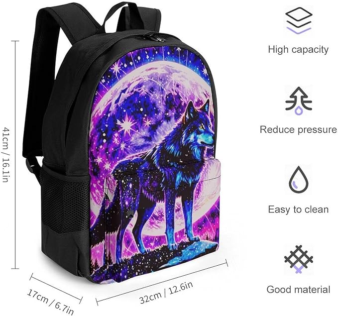 Supdreamc Backpack Anti-Theft Multipurpose Large Capacity Carry On Bag, Neon Sky Moon Wolf Camping Outdoor Backpack With Side Pockets