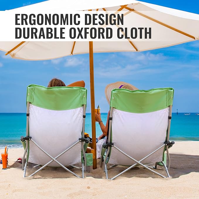 VILLEY Low Beach Chairs for Adults 2 Pack, High Back Folding Chairs, Lightweight and Portable for Outdoor, Camping, Lawn, with Cup Holder and Carry Bag - Green Tropical Leaves