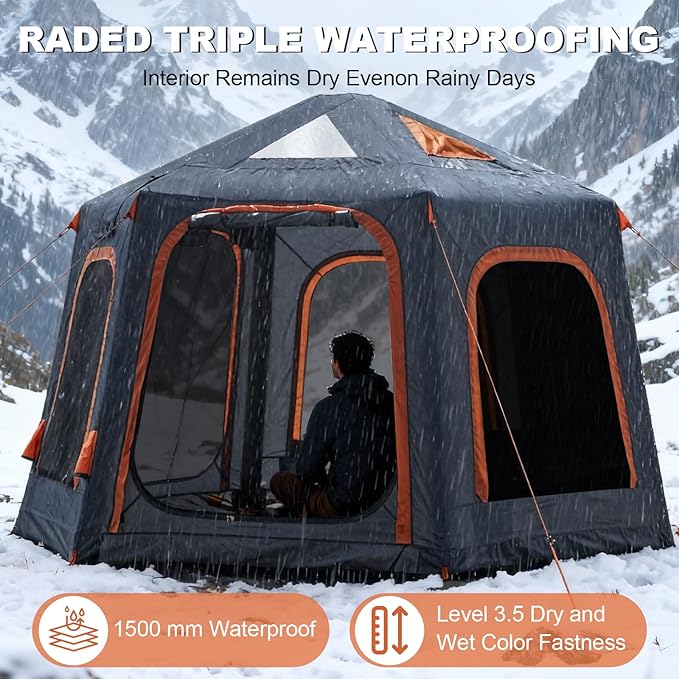 Inflatable Tents for Camping with Stove Jack, 2/4/6/8 Person Easy Setup Blow Up Tents for 4 Seasons Waterproof Inflatable Camping Tent with Awning, Air House Glamping Tents for Camping Adult