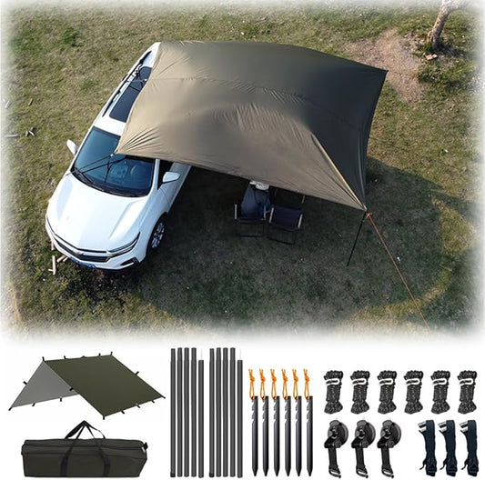 Car Awning Camping SUV Sun Shelter Waterproof Universal Tent Canopy Anti-UV for Van Campervan Caravan Truck Vehicle (Olive Green, 118"X118")