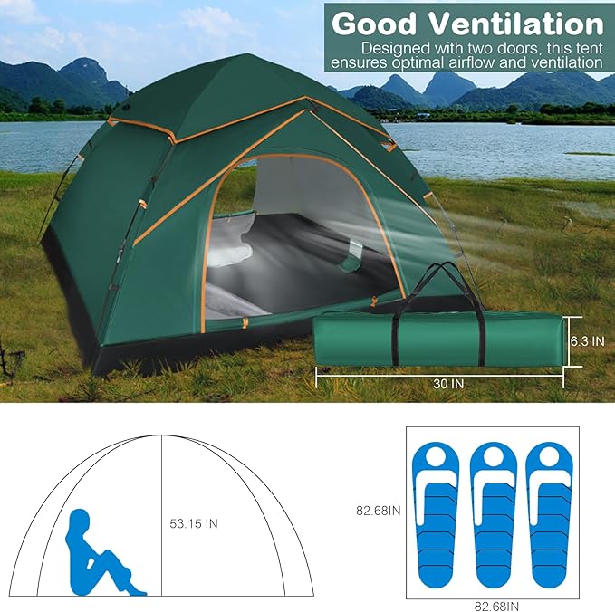 Pop Up Tents for Camping, 2-3 Person Camping Tent 60s Automatic Easy Setup Dome Tent, Waterproof Family Camping Tents, Lightweight Tents for Camping Hiking Backpacking Fishing Hunting