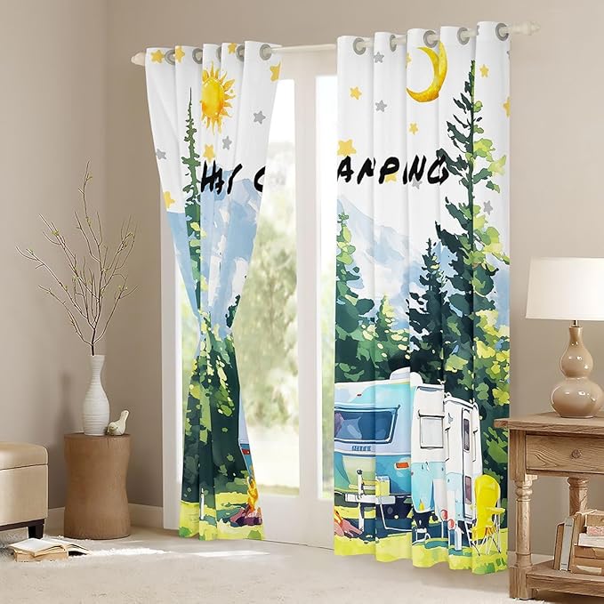 Camper Adventure Window Drapes,Bonfire Campfire Pine Tree Rustic Blackout Curtains,Star Moon RV Trailer Nursery Bedroom Playroom Decor,Summer Green 2 Panels,52Wx84L inch