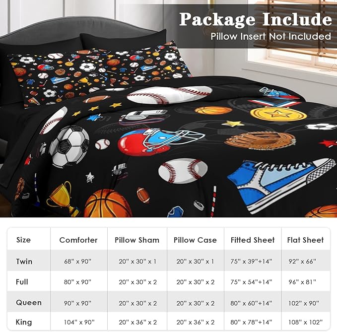 Comforter Set Full Size, Basketball Football Baseball 7 Pcs Bedding for Kids and Adults, Hockey Sport Bed Sheet Sets with Fitted Sheet 2 Pillowcases & 2 Shams for Bedroom Bed Decor