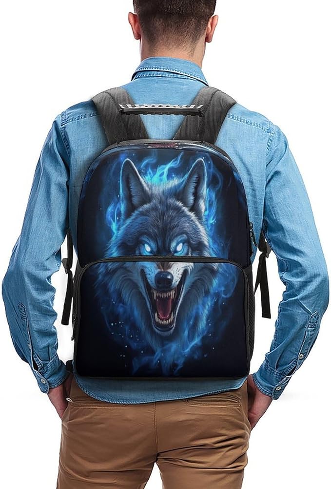 Men Women Polyester Blue Fire Flame Wolf Daypack Big Capacity Shoulder Bag With Smooth Zippers for Hiking Work Walking Cycling