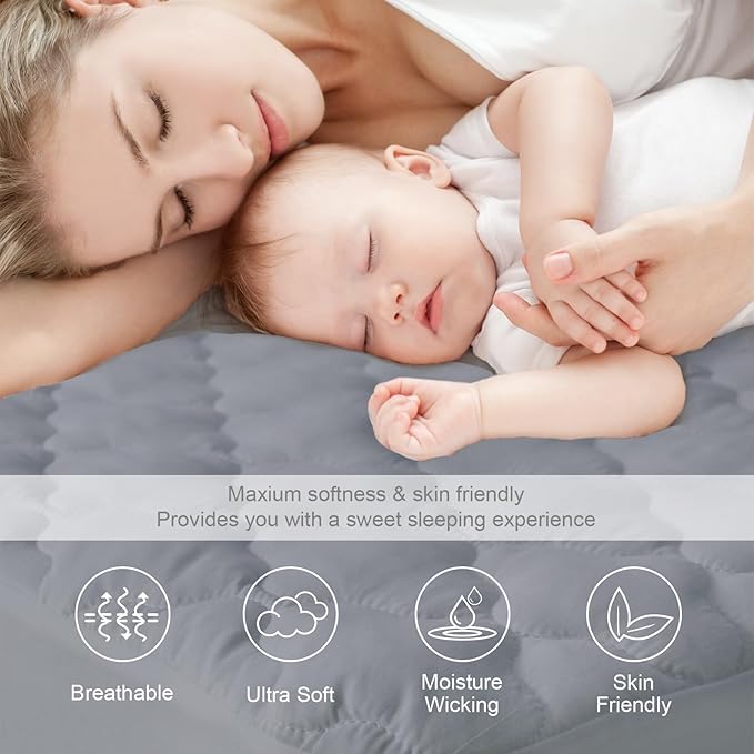 Twin Mattress Protector Pad Waterproof Quilted, Breathable & Cooling Twin Size Mattress Cover Fitted for Kids with Deep Pocket Up to 14" for Single Bed, 2 Pack (Gray)